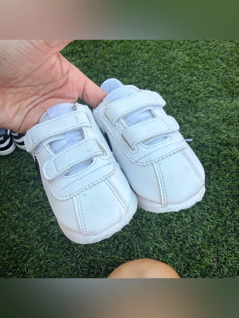 Nike Kids White Sneakers with Black Swoosh and Velcro